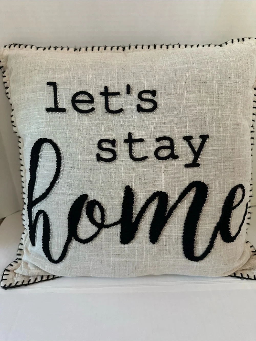 Neutral 'Let's Stay Home' Decorative Accent Pillow - Cream and Black